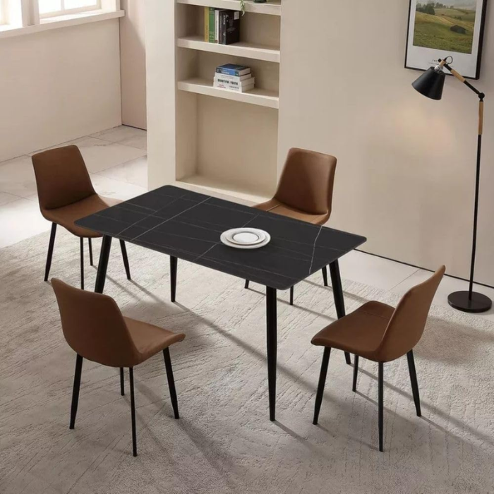 Sulsha Marble Dining Table Set 4 Seater with Leather Chairs – Modern Dining Table with Steel Legs & Sintered Stone Top, Dining Chair Set for Dining Room, Kitchen, Office, Table and Chair Set