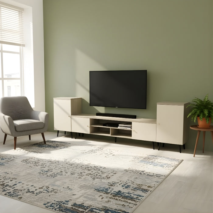 SULSHA Adjustable TV Table 160–240 cm – Grey Wooden TV Unit & Media Console with Storage Cabinets, Open Shelves, Metal Legs, Living Room TV Stand