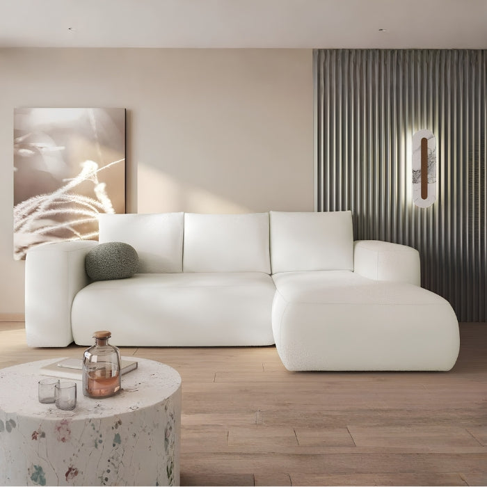 Modern Bouclé Sectional Sofa with Chaise Lounge – Luxury Curved Couch for Living Room, Contemporary Upholstered L-Shaped Sofa with Deep Seating and Plush Cushions