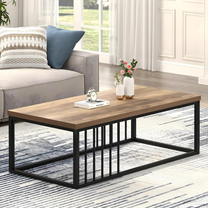 SULSHA Modern Industrial Coffee Table with Storage – Rectangular MDF Wooden Top & Black Metal Frame, Living Room Center Table, Sofa Table with Open Shelf for Apartments.