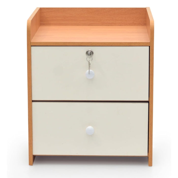 SULSHA Oak & White Wooden Bedside Table with 2 Drawers | Lockable Nightstand with Smooth Top | Compact Bed Side Table for Bedroom & Living Room | Storage Side Table with Key & Free Installation