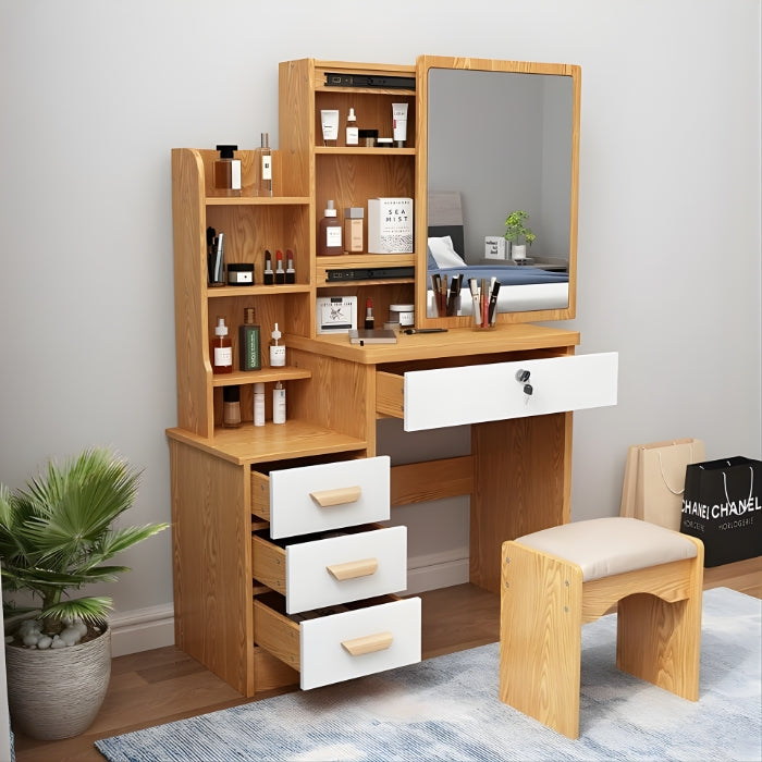 SUSLHA Dressing Table Vanity with Mirror and Stool, Makeup Desk with Large Storage Drawers & Shelves, Bedroom Dresser Vanity Set, Brown
