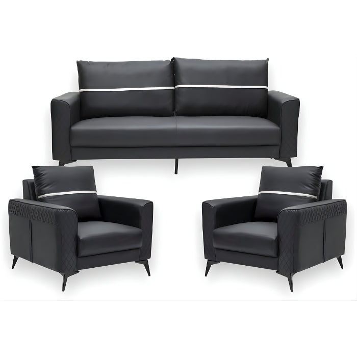 SULSHA Black PU Leather Sofa Set, 3 Seater Sofa with 2 Single Chairs, Modern Living Room Furniture with Quilted Armrests, Thick Cushions, Metal Legs, Cloud Comfort Sofa Set for Home & Outdoor Use