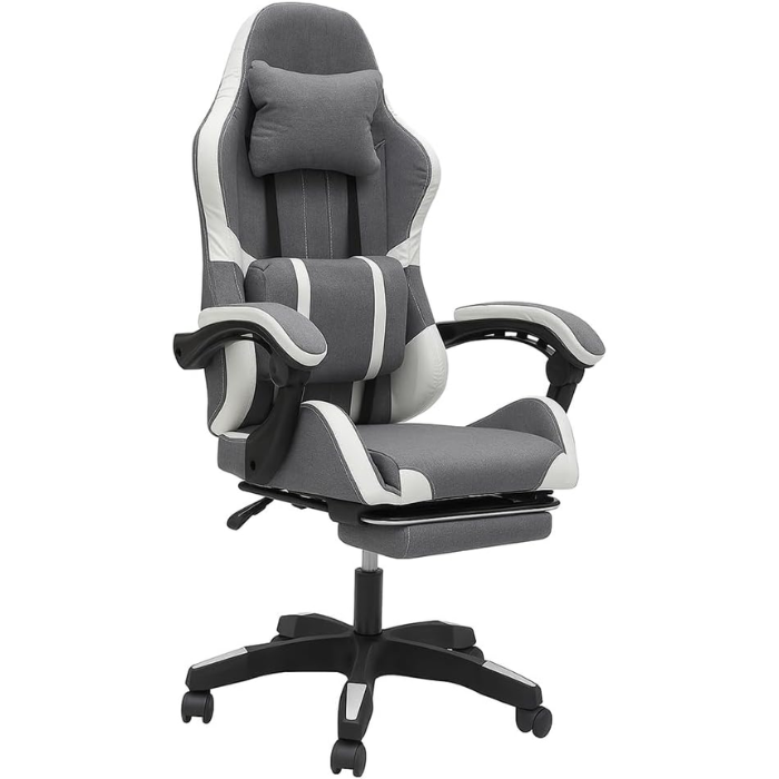 SULSHA Light Grey & White Gaming Chair with Footrest | Ergonomic Leather Gaming Chair with Back, Lumbar & Head Support | Adjustable Height Swivel Chair for Home & Office