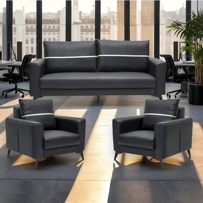 SULSHA Black PU Leather Sofa Set, 3 Seater Sofa with 2 Single Chairs, Modern Living Room Furniture with Quilted Armrests, Thick Cushions, Metal Legs, Cloud Comfort Sofa Set for Home & Outdoor Use