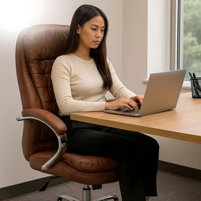 SULSHA Brown PU Leather Office Chair, Ergonomic High-Back Desk Chair with Lumbar Support, Adjustable Height, Recline & Tilt, Swivel Computer & Gaming Chair for Home Office