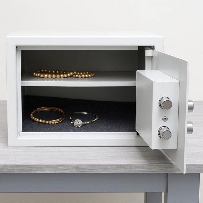 SULSHA White Digital Locker Small Safe Box, Document-Sized Fireproof Safe with Keypad & Key Lock, Security Deposit Box for Home, Jewelry, Cash & Important Documents