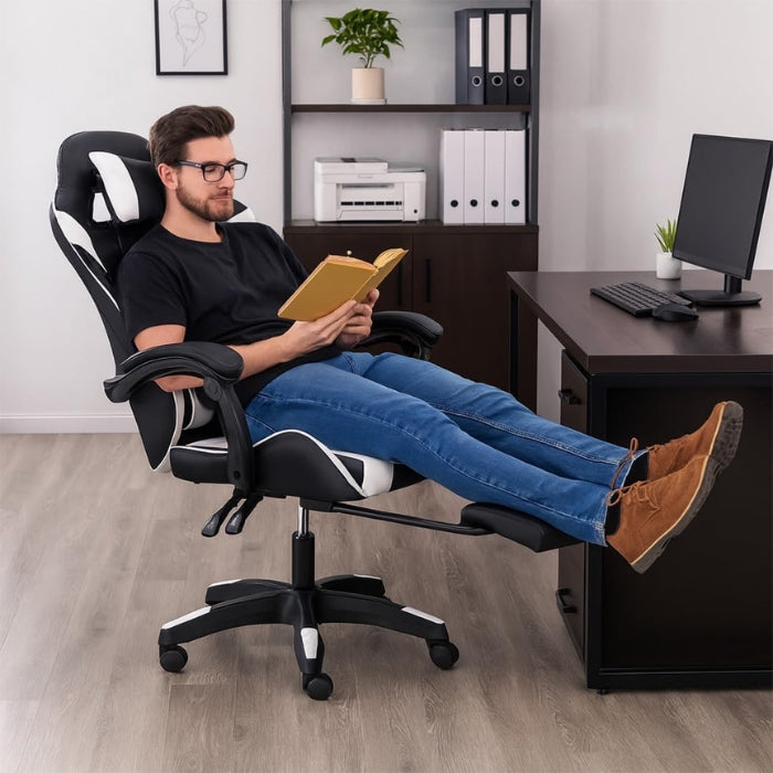 SULSHA Black & White Gaming Chair with Footrest | Ergonomic High-Back Recliner Chair with Adjustable Armrests | Racing-Style Swivel Chair with Lumbar & Headrest for Gaming & Office