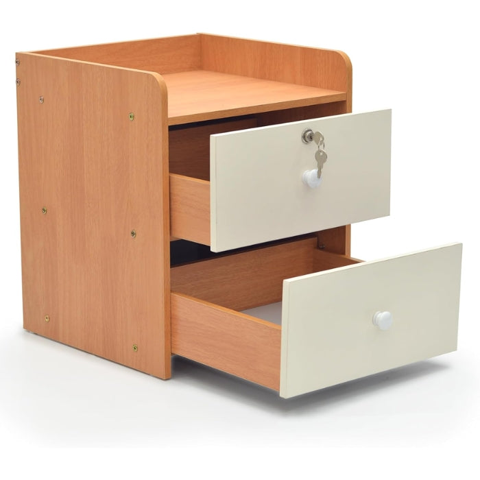 SULSHA Oak & White Wooden Bedside Table with 2 Drawers | Lockable Nightstand with Smooth Top | Compact Bed Side Table for Bedroom & Living Room | Storage Side Table with Key & Free Installation