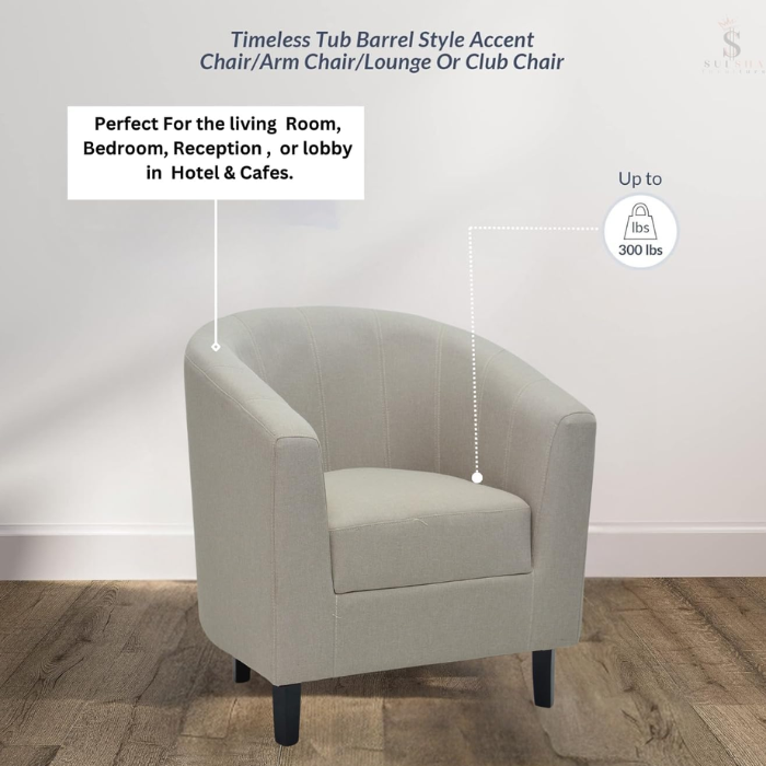 SULSHA Single Seater Sofa Chair – Modern Off White Linen Upholstered Accent Armchair with Padded Fabric Seat | Comfortable Lounge Chair for Living Room, Bedroom & Home Theater