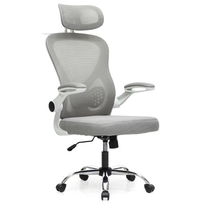 SULSHA Grey & White Mesh Office Chair, Ergonomic High-Back Desk Chair with Lumbar Support, Adjustable Height Headrest, Flip-Up Armrests, 360° Swivel Computer Chair for Home & Office
