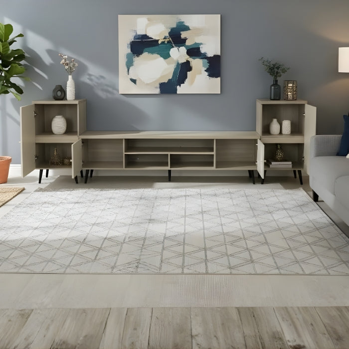 SULSHA Adjustable TV Table 160–240 cm – Grey Wooden TV Unit & Media Console with Storage Cabinets, Open Shelves, Metal Legs, Living Room TV Stand