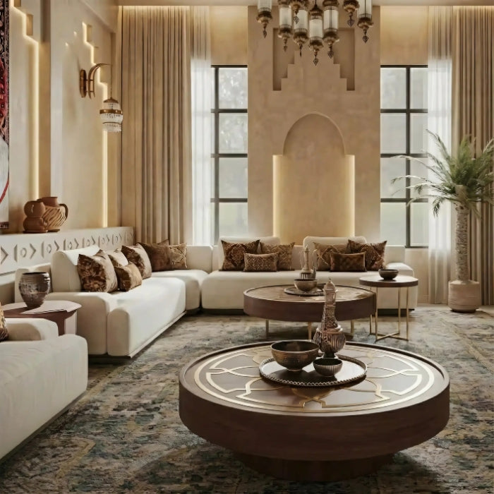 Morayn Arabic Majlis Sofa - side view of solid wood base and padded seating