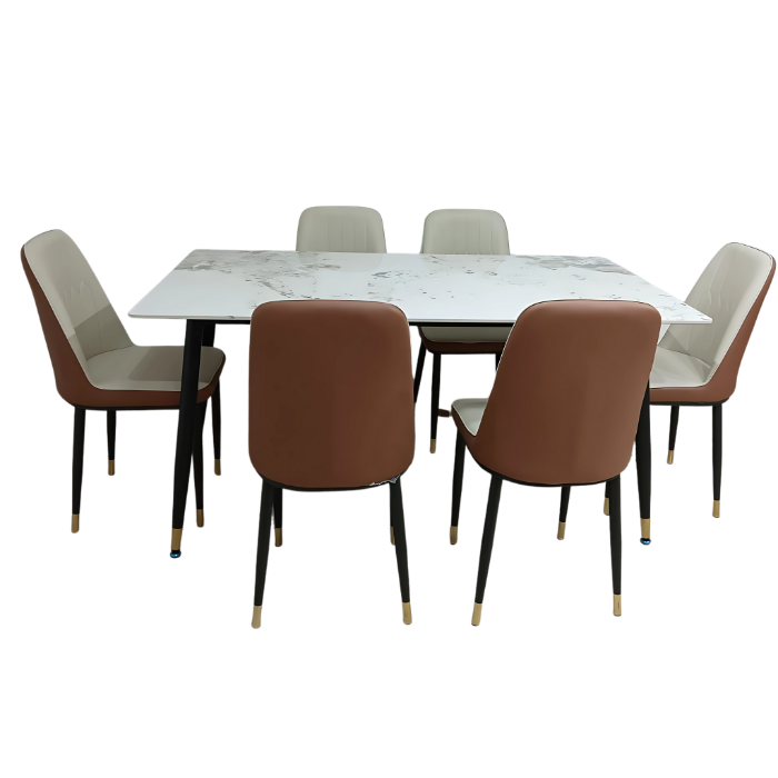 SULSHA Modern 6 Seater Dining Table Set with Marble Top and Upholstered Chairs | Elegant Rectangular Dining Room Furniture for Home & Apartment