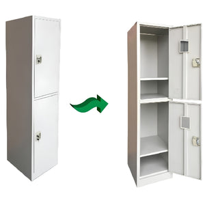 Close-up of metal locker door with ventilation panel and name-tag holder