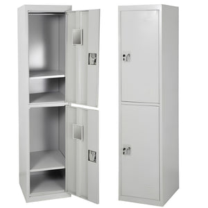 Interior view of steel locker compartment with hanging space and shelf