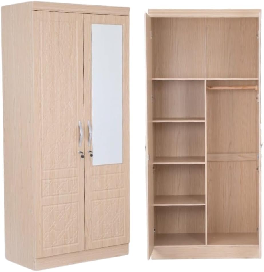 SULSHA 2-Door Wooden Wardrobe with Mirror – Light Oak Bedroom Cabinet | UAE