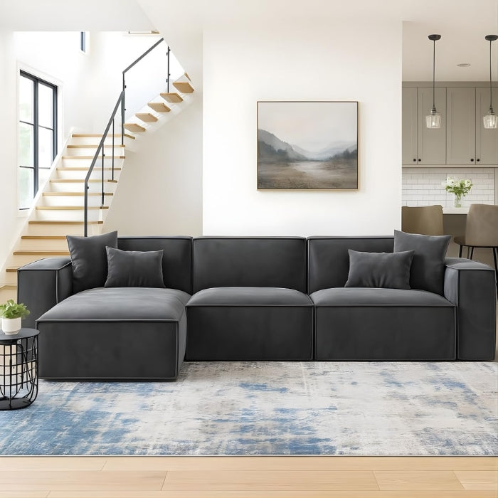 Greylan Corner 3 Seater L-Shape Sofa, Velvet Upholstered Sectional Sofa for Living Room Furniture, Modern Cushion Back Design, Comfortable Space-Saving Couch for Home