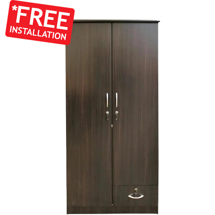 2 Door Wooden Wardrobe with Lockable Drawer | Modern Bedroom Storage Cabinet with Hanging Space & Shelves (Free Assembly )