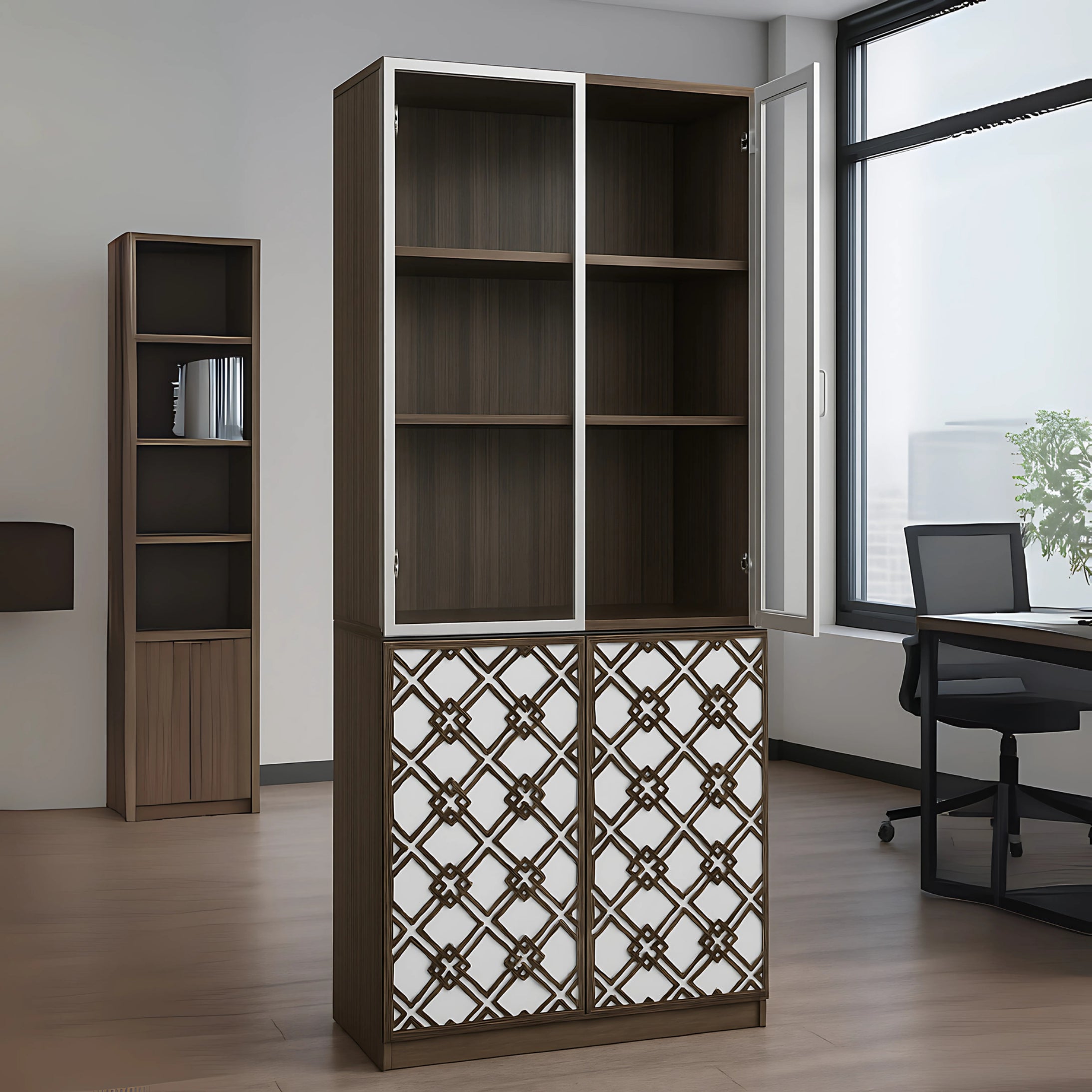 SULSHA 2 Door Glass Bookcase SS-6152-2D | Modern Wooden Bookshelf & Storage Cabinet | Walnut + White Display Rack Organizer Cupboard for Home & Office (200x80x40 cm) | Free Installation