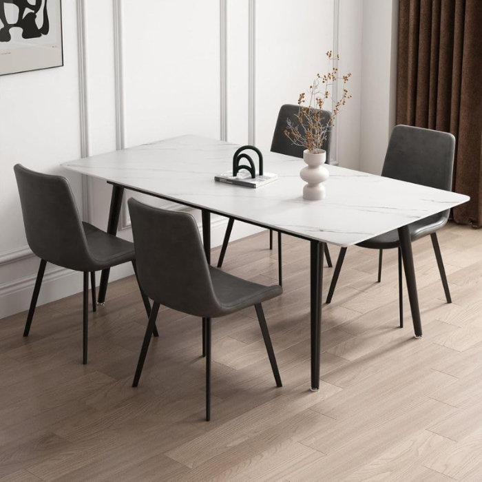 Sulsha Marble Dining Table Set 4 Seater with Leather Chairs – Modern Dining Table with Steel Legs & Sintered Stone Top, Dining Chair Set for Dining Room, Kitchen, Office, Table and Chair Set
