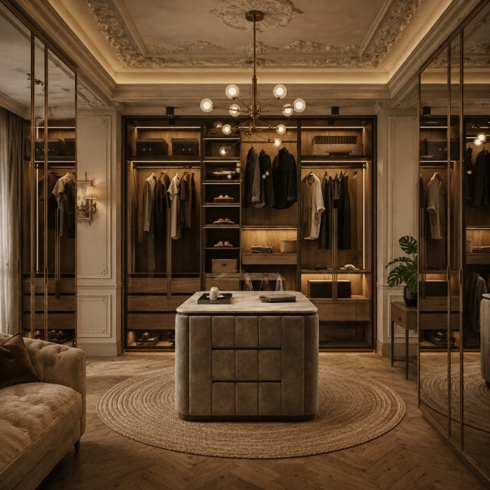 Luxury Glass Door Wardrobe with LED Lighting & Multiple Storage Sections