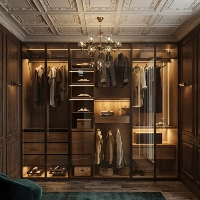 Luxury Glass Door Wardrobe with LED Lighting & Multiple Storage Sections