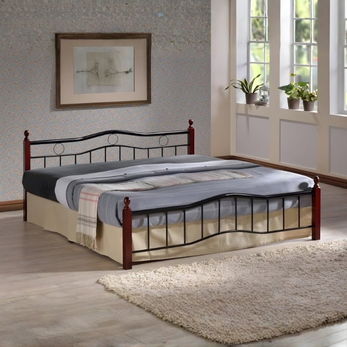 SULSHA Wood & Steel Queen Size Bed (190×150 cm), Cherry Brown | Strong Metal Frame with Wooden Legs | Modern Bed for Bedroom