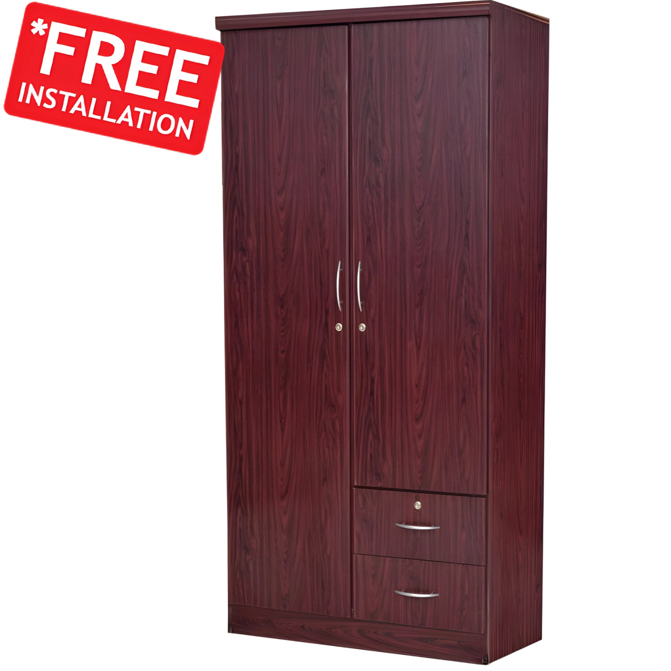 SULSHA 2 Door Wooden Wardrobe Cabinet | Engineered Wood Cupboard with Lockable Drawers, Hanging Space & Shelves | Modern Stylish Heavy-Duty Bedroom Storage (Free Assembly)
