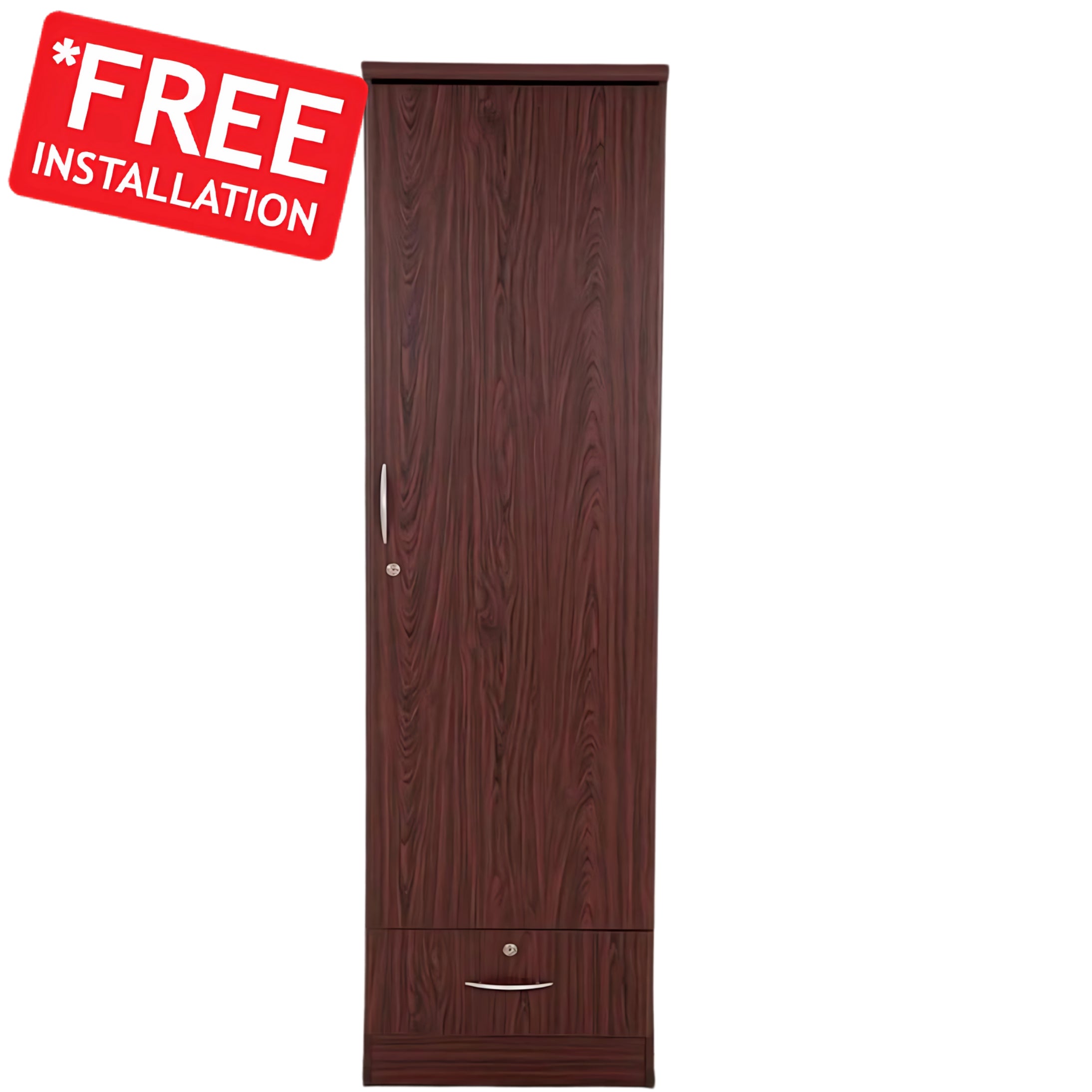 SULSHA Single Door Wooden Wardrobe | Engineered Wood Cupboard with Shelf & Lockable Drawer | Modern Bedroom Clothes Storage Cabinet | 1 Door Durable Wardrobe (Free Assembly)