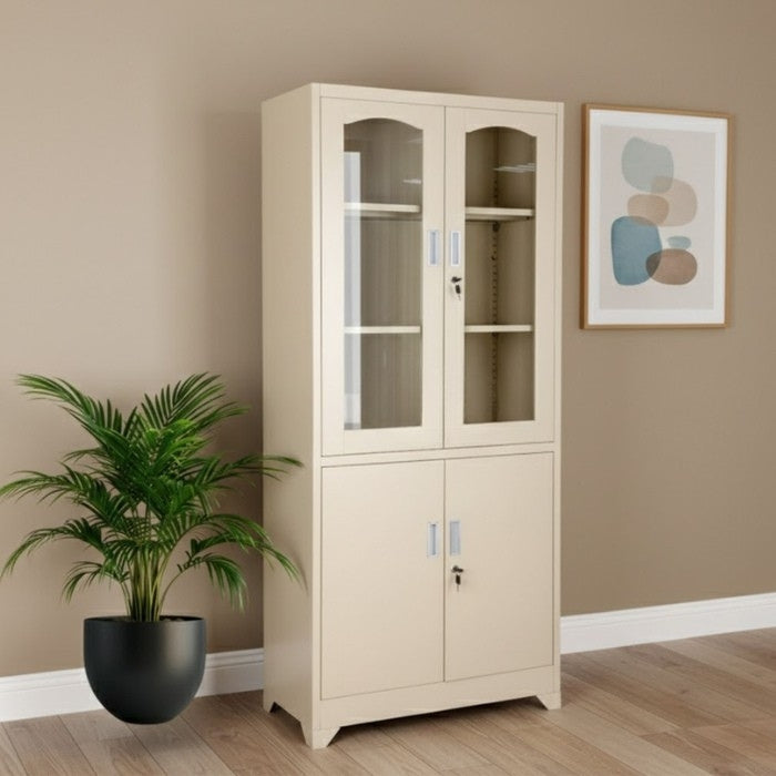 Sulsha Storage Cabinet, Upper Glass Double Doors with Lockable Lower Steel Doors, Interior Steel Shelves for Home, Office, School & Study
