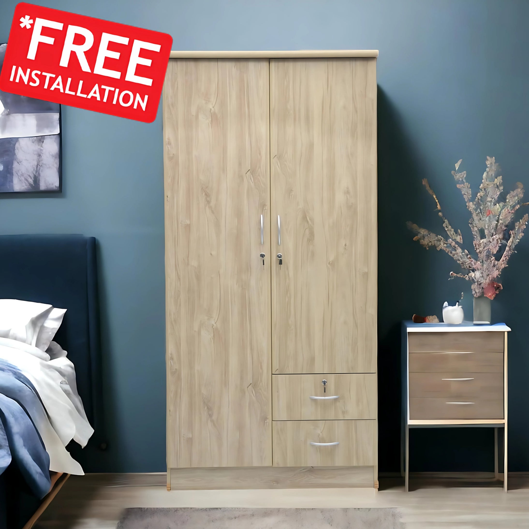 SULSHA 2 Door Wooden Wardrobe Cabinet | Engineered Wood Cupboard with Lockable Drawers, Hanging Space & Shelves | Modern Stylish Heavy-Duty Bedroom Storage (Free Assembly)