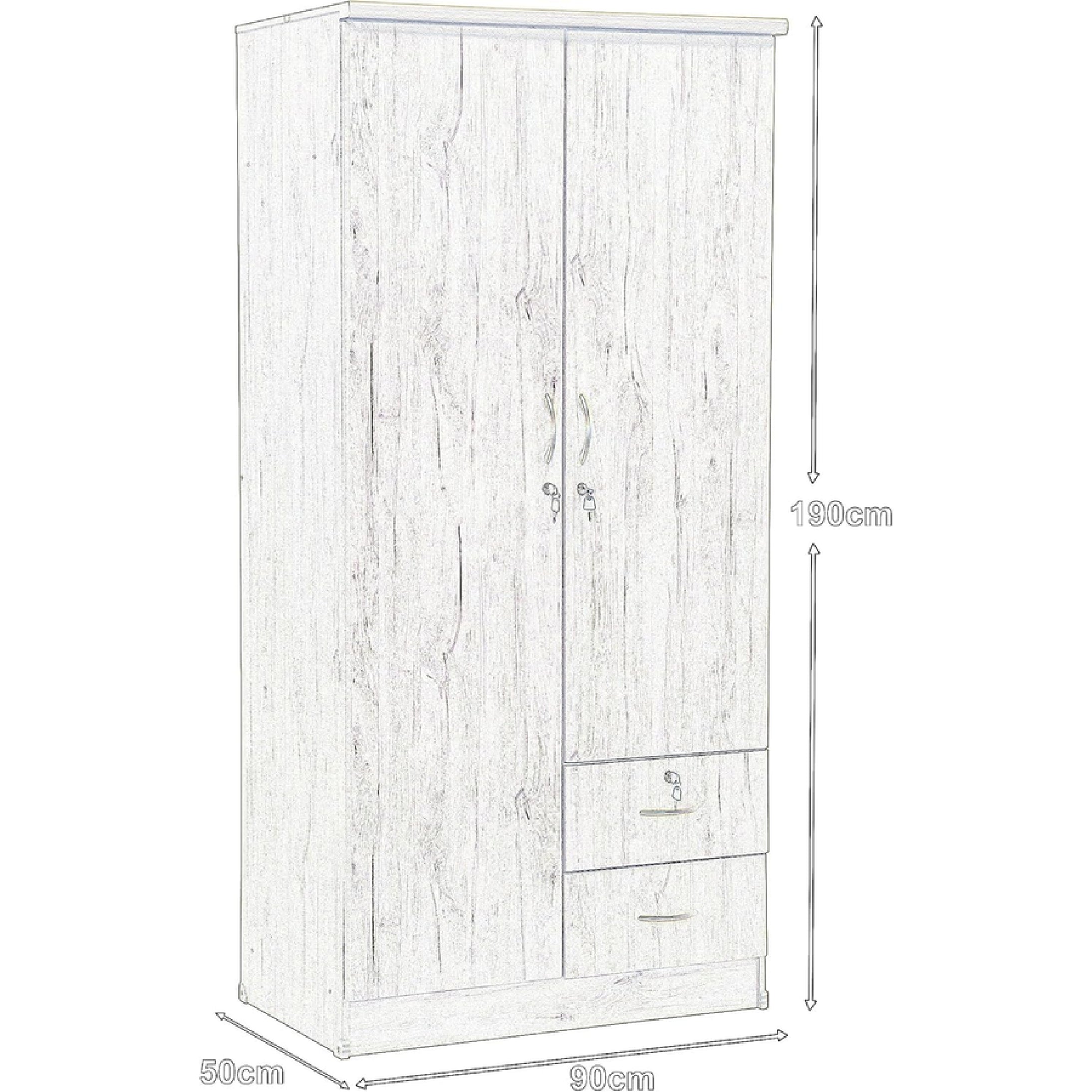 SULSHA 2 Door Wooden Wardrobe Cabinet | Engineered Wood Cupboard with Lockable Drawers, Hanging Space & Shelves | Modern Stylish Heavy-Duty Bedroom Storage (Free Assembly)