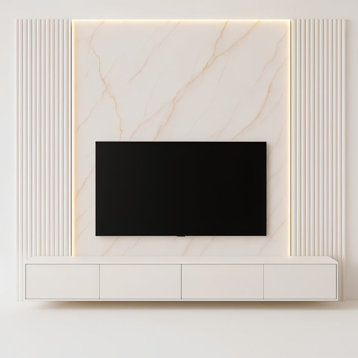 Luxury Wall-Mounted TV Unit with Marble-Effect Panel & LED Backlighting