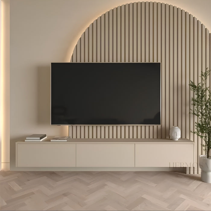 Luxury Slat Wall Panelled LED TV Unit Designs with Floating Console