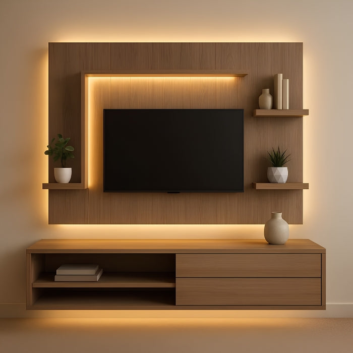 Modern Wall-Mounted TV Unit with LED Lights & Floating Shelves