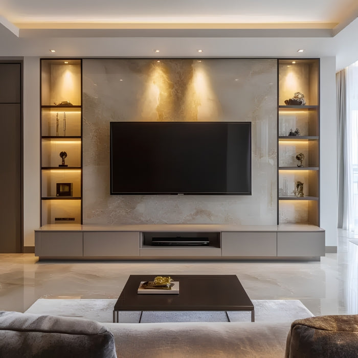Luxury Wall-Mounted TV Unit with LED Display Shelves in Abu Dhabi living room - SULSHA Furniture