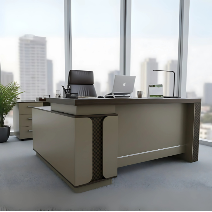 SULSHA Executive Wooden L-Shaped Office Desk – 160cm Walnut Grey | Modern Computer Table with 3 Lockable Drawers, Stylish Manager Executive Desk for Home & Office Workspace