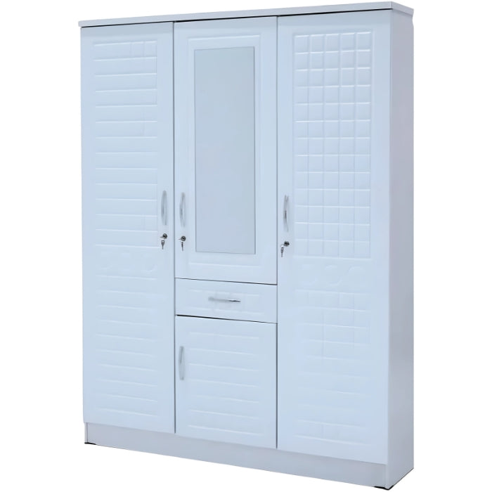 SULSHA 3 Door Wooden Wardrobe for Bedroom | Engineered Wood Cupboard with Hanging Space & Shelves | Modern 3 Door Storage Cabinet | Stylish Bedroom Cupboard in White Finish