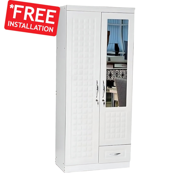 SULSHA 2-Door Wooden Wardrobe Cabinet/Cupboard, Engineered Wood, Modern & Stylish, Heavy Duty with Mirror (With Assembly, White)