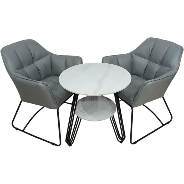 SULSHA Modern 2 Seater Dining Table Set – Includes 2 Upholstered Armchairs & Round Marble Top Coffee Table for Living Room, Balcony & Office Furniture