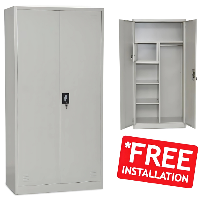 SULSHA Steel Office Cupboard with Lock | 2 Door Metal Wardrobe & Storage Cabinet | Grey Powder-Coated File Cabinet with Adjustable Shelves for Home & Office