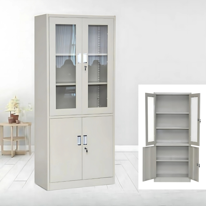 Grey storage cabinet with upper glass display doors and lower lockable steel doors