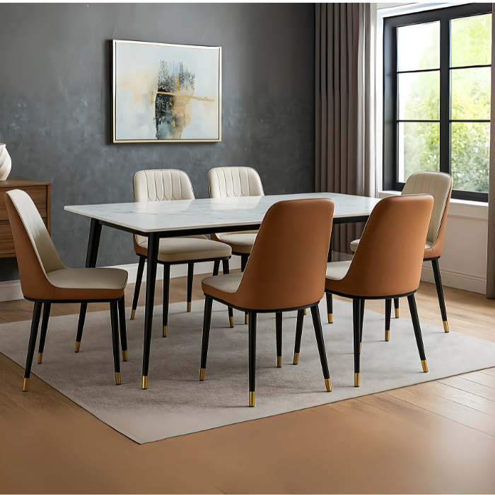 SULSHA Modern 6 Seater Dining Table Set with Marble Top and Upholstered Chairs | Elegant Rectangular Dining Room Furniture for Home & Apartment