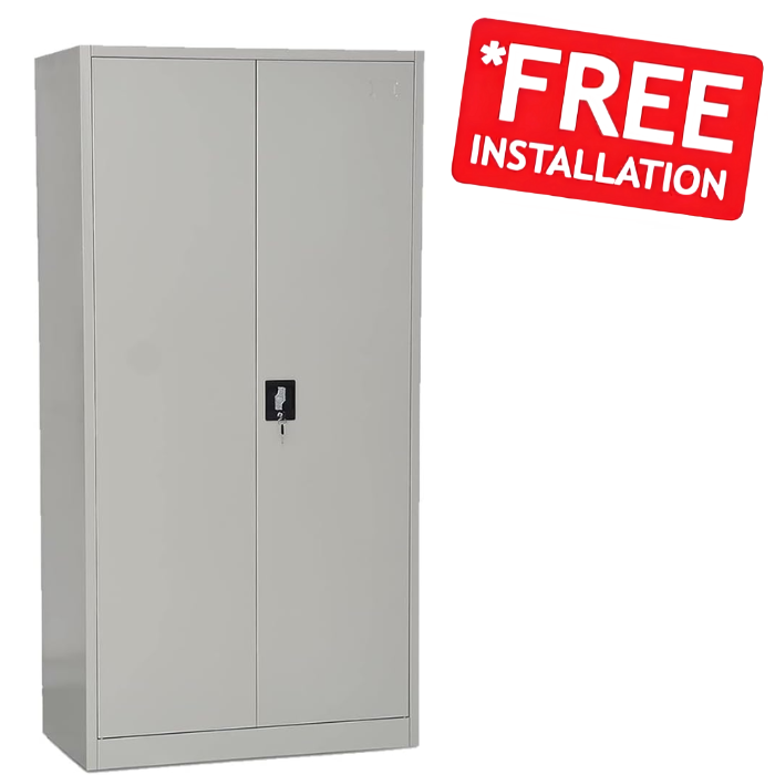 SULSHA Steel Office Cupboard with Lock | 2 Door Metal Wardrobe & Storage Cabinet | Grey Powder-Coated with Adjustable Shelves | Free Installation