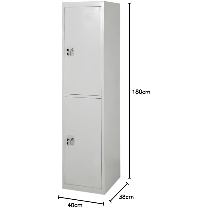 Side angle of grey steel locker showing slim 45 cm deep lockable body