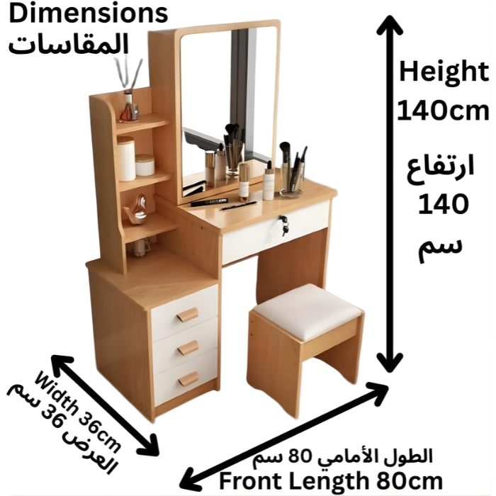SUSLHA Dressing Table Vanity with Mirror and Stool, Makeup Desk with Large Storage Drawers & Shelves, Bedroom Dresser Vanity Set, Brown