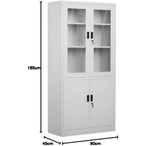 Lockable steel doors with key lock on grey storage cabinet