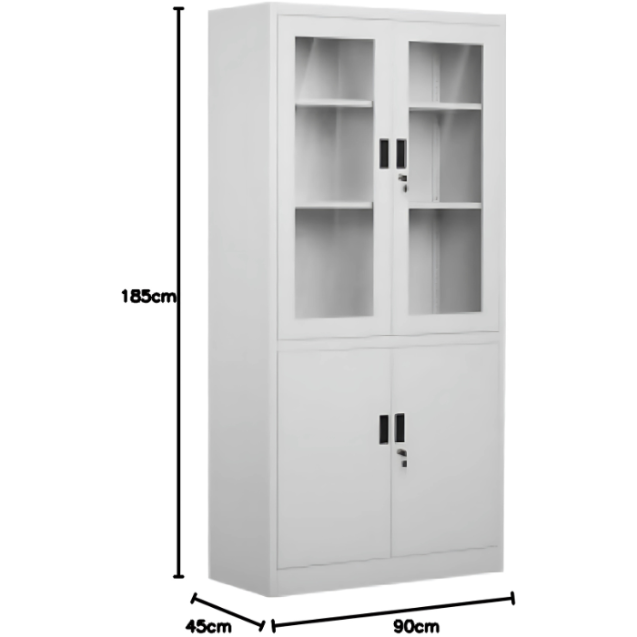Lockable steel doors with key lock on grey storage cabinet