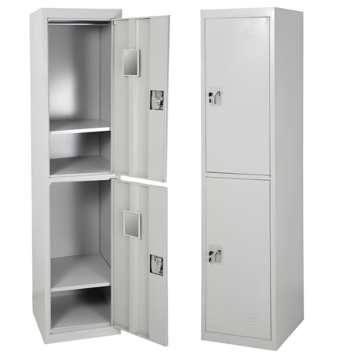 Interior view of steel locker compartment with hanging space and shelf